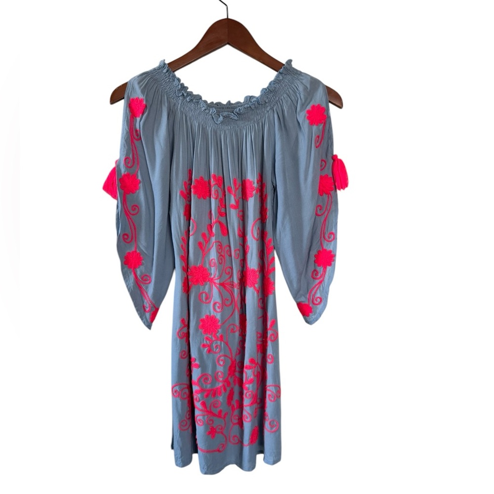 Pink and Silver chambray embroidered dress small